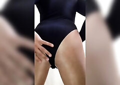 Shlong Bulging thru Hawt Ebony Bodysuit and Shiny Tights