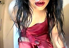 Wanking in full red Satin outfit