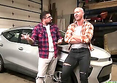 Buddies Ryan Bones and Cam Crawford jerk off in the back seat of the car together