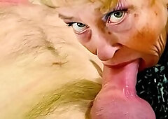 Cathy Shiny PVC Slut Granny Getting a Mouthful Sucking off a Male Friends Big Cock