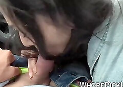 Nerdy looking whore doggystyle fucked after blowjob in car