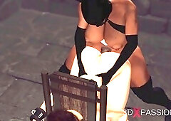 Sultry ebony shemale dominates curvy brunette in the dark dungeon