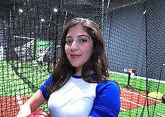 Dark-haired tennis babe Mira Luv gets fucked on court