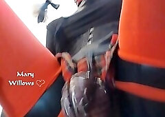 Mary Willows gimp with latex mask riding plug in chastity