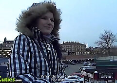 Blonde Girl after persuading goes shopping with a stranger