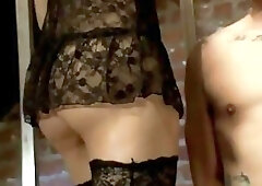 Young blonde tranny babe teases her tied up male slave