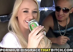 Slim blonde with navel piercing rides and swallows on white leather couch