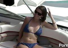 Blonde college girl exposes her natural tits and pussy during a wild boat party