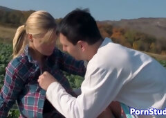Blonde amateur takes doggystyle and facials in a mountain field