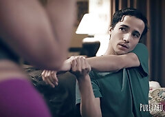 Voluptuous blonde cougar plays with two dicks