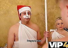 Man humps the mature woman among happy girls and men around