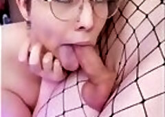 Cute teen femboy blowjob and footjob shemale