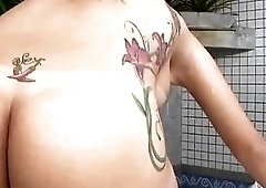 Spicy Brazilian shemale plugs her ass and jerks her cock