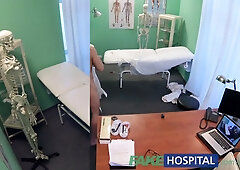 Eva Ann plays patient as doctor in uniform takes her on the exam table