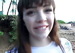 Frisky brunette with full, sensual lips is smoking in the car and spreading her legs wide open