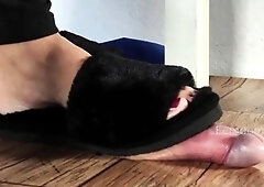 Lady S Black fluffy slippers, cock crush, while embroidering