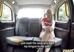 Fake Taxi Blond squirter Liz Rainbow is gagging on backseat