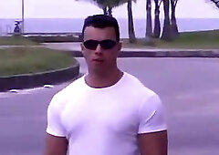 Hunk with sexy body cock jerking