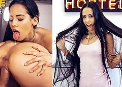 Fake Hostel Large latino booty and slim brunette hair have rock hard orgasms