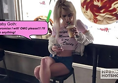 Whorish blond chick is face fucked and jizzed by one kinky stranger