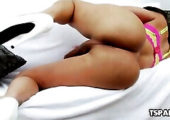 Julia Steinkopf is a nice-looking Latin tranny cutie who shows off her large booty and good boobs and even strokes her hard penis.