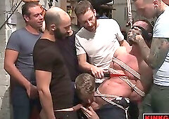 BDSM GANGBANG! Muscled Mechanic, Bound, Fucked, and Doused with Cum!