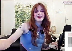 red haired skinny shemale cosplay goddess with a giant cock dances on webcam