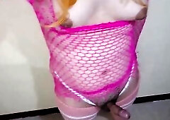 Cute Golden-haired Sissy Milking her Puffy Teats and Hard Tit Slap with Biggest Sextoy