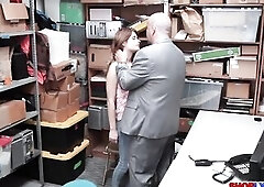 Teen shoplifter Ariel had no choice but to bang with a lewd cop  infront of her daddy They make a deal with him to give Ariels vagina just to escape f