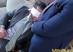 Classy stud blindfolded before throat fuck and drilling 3way
