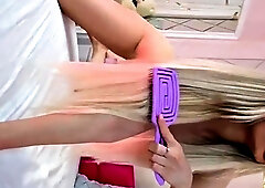 Beautiful blonde nanny and big boobed blonde MILF get pumped