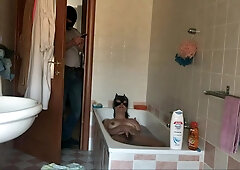 Whilst I take a baths I get a eager wish to have a fun and I begin masturbating and as in a short time as my stepson finds me this guy turns on the sp