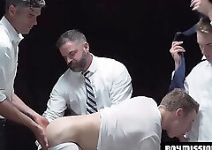 Blond Mormon initiate barebacked in a sacred, divine ritual foursome with elders