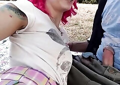 Hawt pink hair teen with booty plug in public park, flashing, riding bicycle and sucking cock PREVIEW