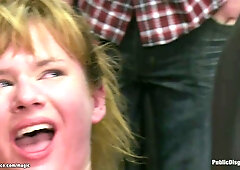 Blindfolded blonde screwed in public