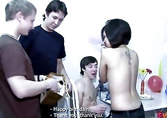 How could a romantic dinner on this angel's 19th birthday turn into a wild home fuckfest? 2 boys crash the party and team-up with their buddy to 