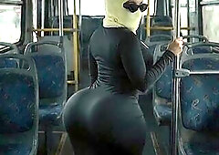 My tiny gal with an extremely giant butt is alone twerking and moving her giant wet butt cheeks in the bus whilst wearing taut ebony leggings. That ba