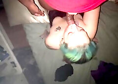 white angel sucks, deepthroats and spits on bbc penis until that guy cums all over her face and throat.