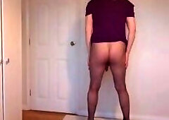 Purple minidress, no bra and fishnets