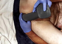 Hairy guy solo anal sex toy play big and deep dildo and plug