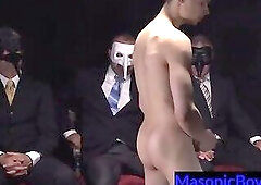 Tiny hairy Boy dominated in front of the group of men