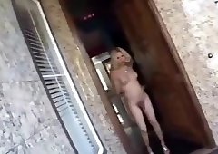 Hot Blonde Shemale Flashing at Home