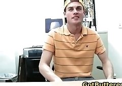 Hot gay guy gets his ass buttered in office