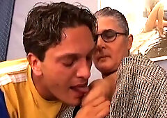 Concupiscent large booty French granny in hawt nylons sucks large schlong like a pro and gets her juicy vagina and taut butthole screwed hard in advan