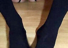 Sissy femboy cum on her own stocking feet
