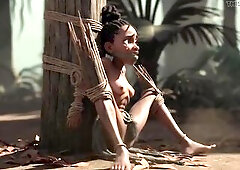 Afro woman with a very unshaved snatch bound up in rope slavery, screaming desperately. That babe's scared and emotional, tears flowing as this b