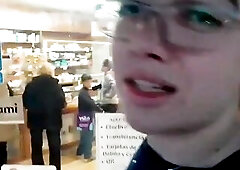 Fat busty man inserts a microphone into his anus