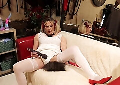 Sissy Dee gets playful while the domme is away, time to make a flick