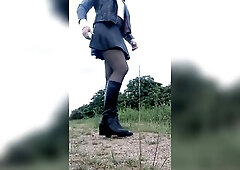 Sissy wench in leather outfit Public en femme