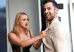 Blonde on glossy high heels Juicy Jane impaled in the sideways pose